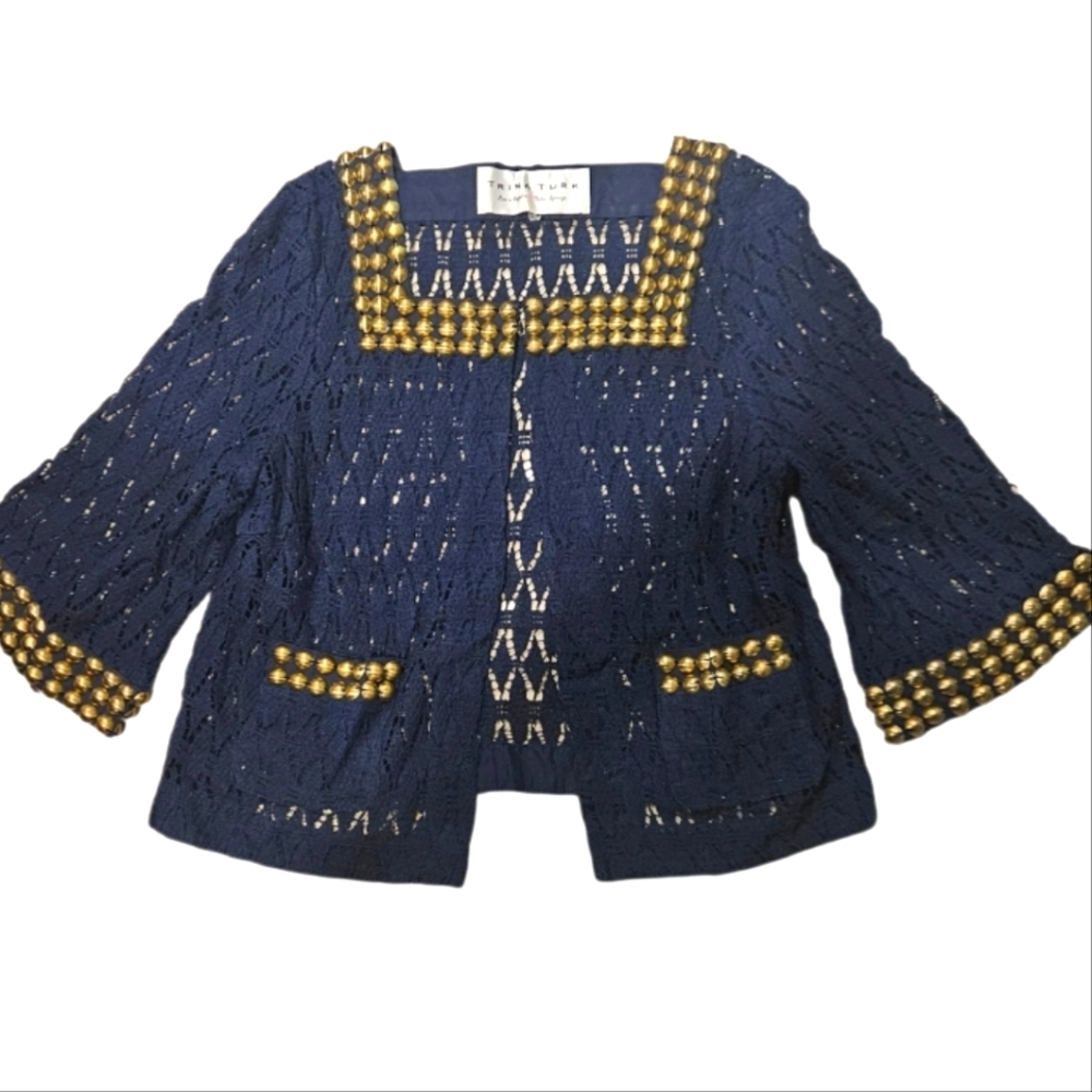 TRINA TURK LOS ANGELES PALM SPRINGS Navy Gold Cropped Bolero Women's Jacket 10. - Picture 2 of 7